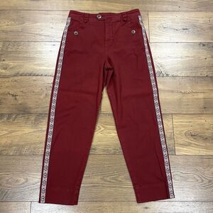 Anthropologie Pants Womens‎ 2 Barrel Leg Cropped Chino Embroidered Stripe Red